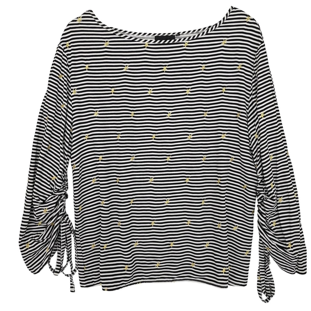 Nanette Lepore Blouse Womens S Black White Stripe‎ Embroidered Ruched 3/4 Sleeve